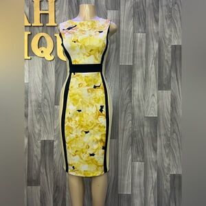 Enfocus Studio Yellow Floral Sheath Dress with Black Accents